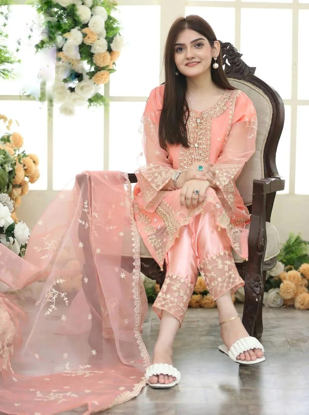 Peach Petal – Embroidered Organza 3-Piece Festive Suite (Eid & Wedding Edition)
