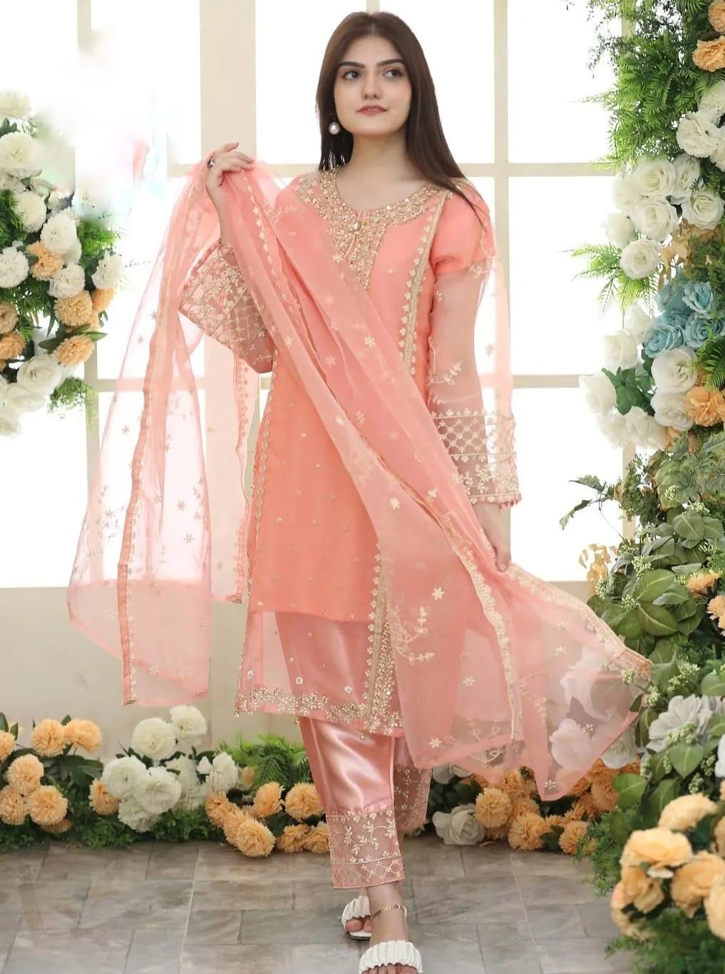 Peach Petal – Embroidered Organza 3-Piece Festive Suite (Eid & Wedding Edition)