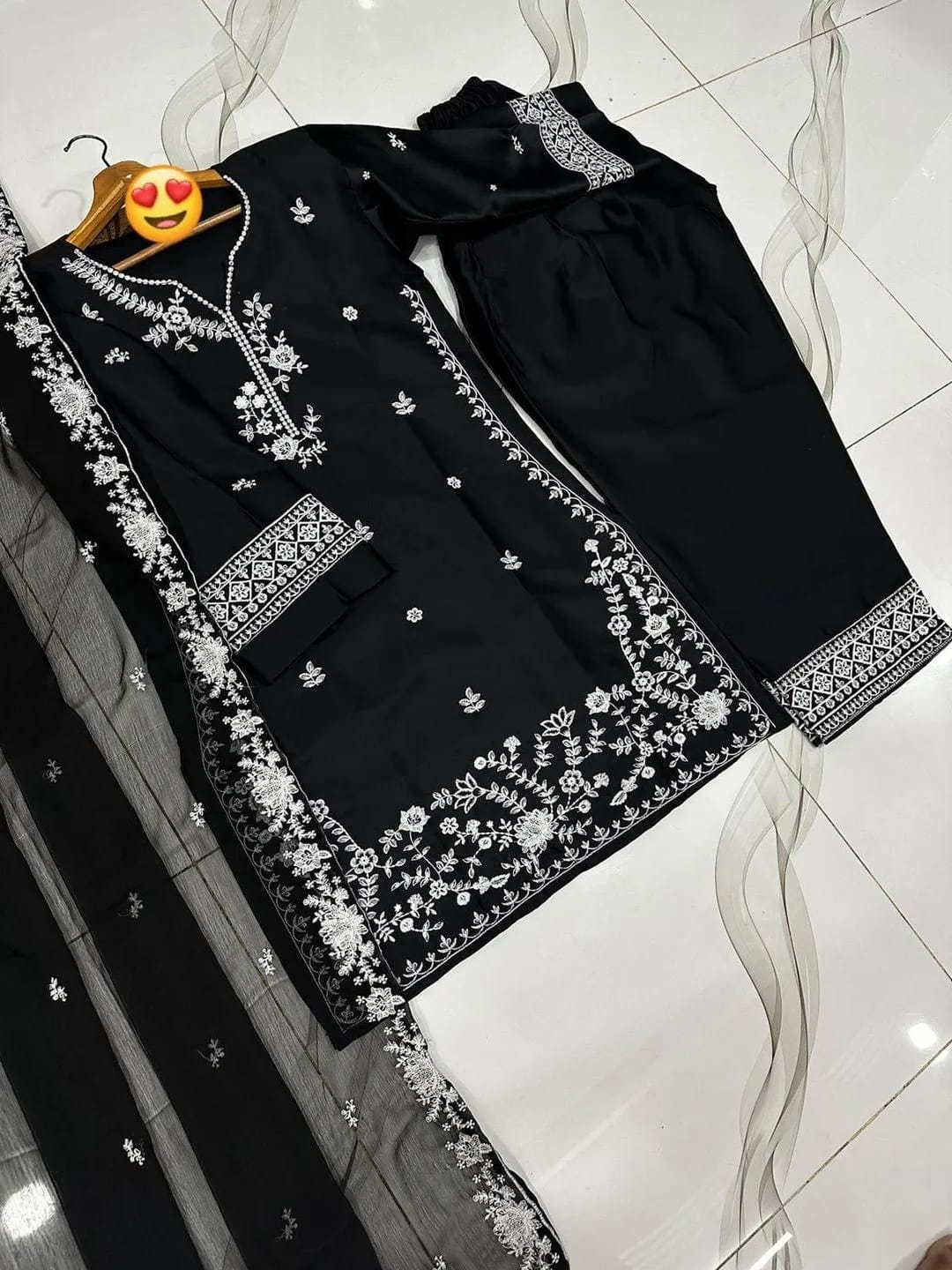 Ebony Royal – Stitched Black Silk 3-Piece Set with Farshi Shalwar