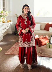 Scarlet Royalty – Embroidered Shamoz Silk 3-Piece Set with Farshi Shalwar