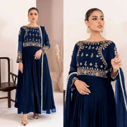 Sapphire Grace – Embroidered Blue Maxi Set with Lace Dupatta (3-Piece)