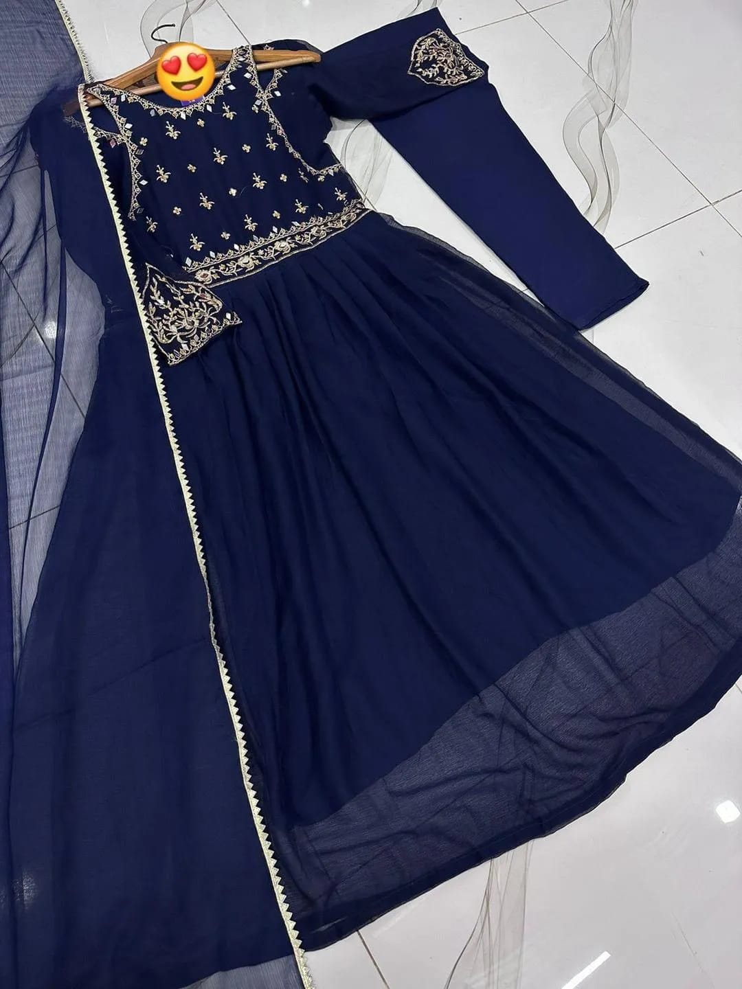 Sapphire Grace – Embroidered Blue Maxi Set with Lace Dupatta (3-Piece)