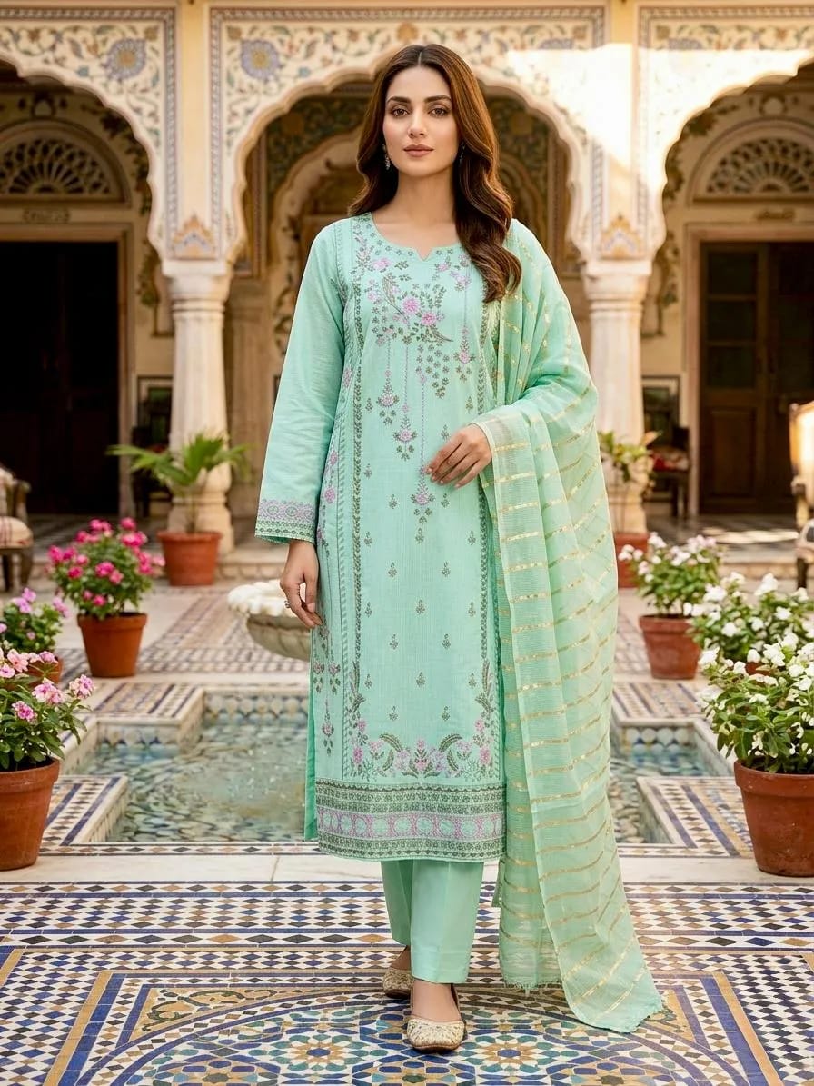 Vibrant Fusion – Embroidered Multicolor Cotton Kurta Set (3-Piece)