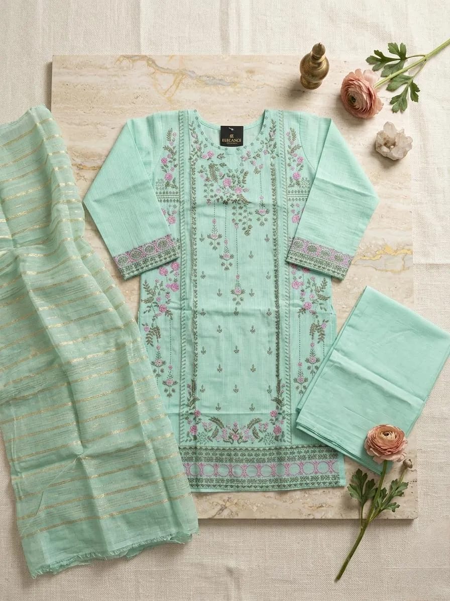 Vibrant Fusion – Embroidered Multicolor Cotton Kurta Set (3-Piece)