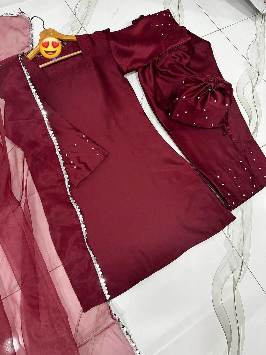 Maroon Royalty – Embellished Shamoz Silk 3-Piece Stitched Set& Eid Suit