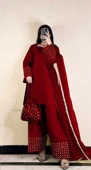 Maroon Royalty – Embellished Shamoz Silk 3-Piece Stitched Set& Eid Suit