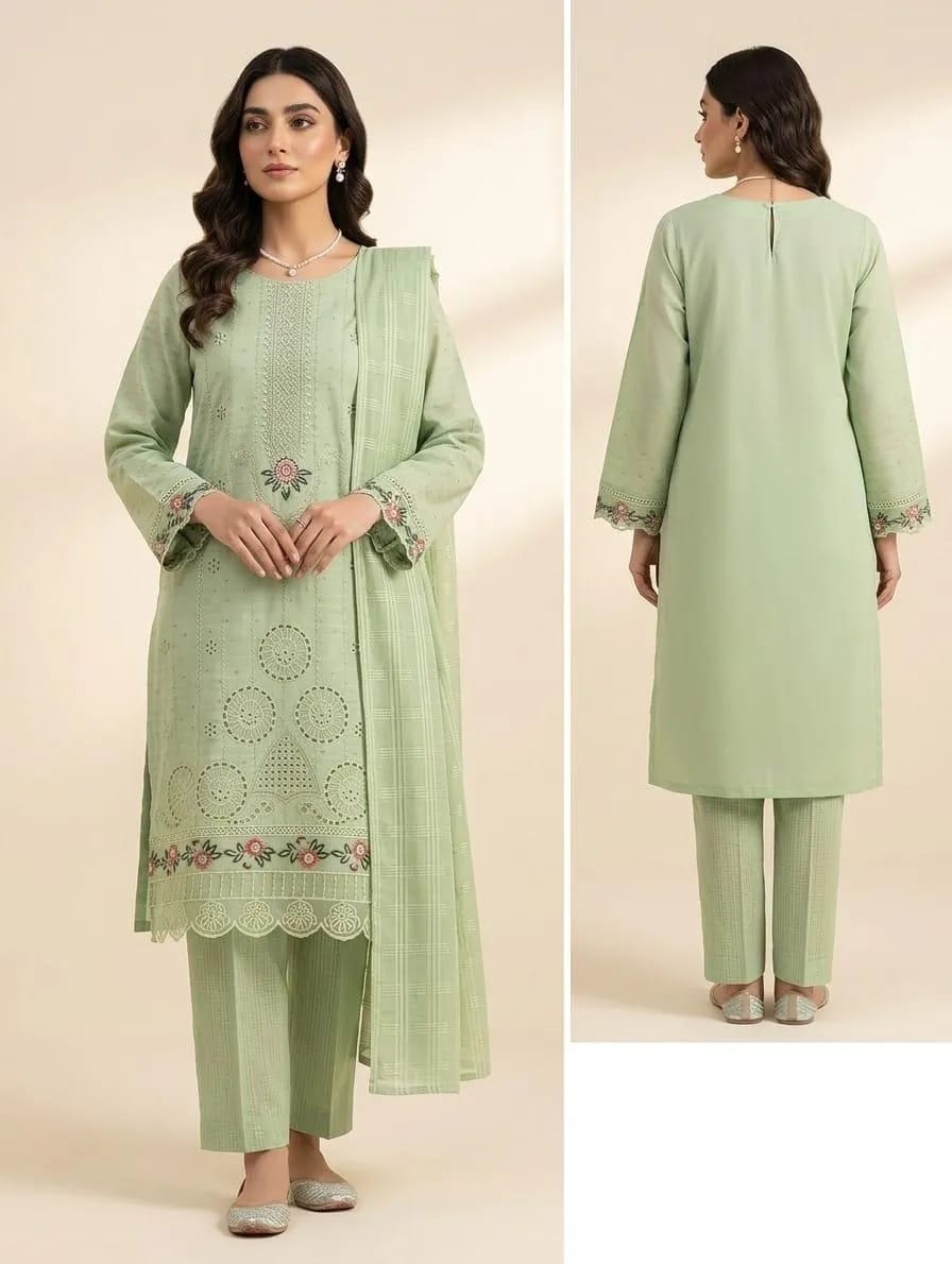 Emerald Bloom – Embroidered Green Cotton Lawn 3-Piece Stitched Set