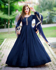 Azure Flow – Pure Chiffon Embroidered Maxi Set with 100-Inch Flare (3-Piece)