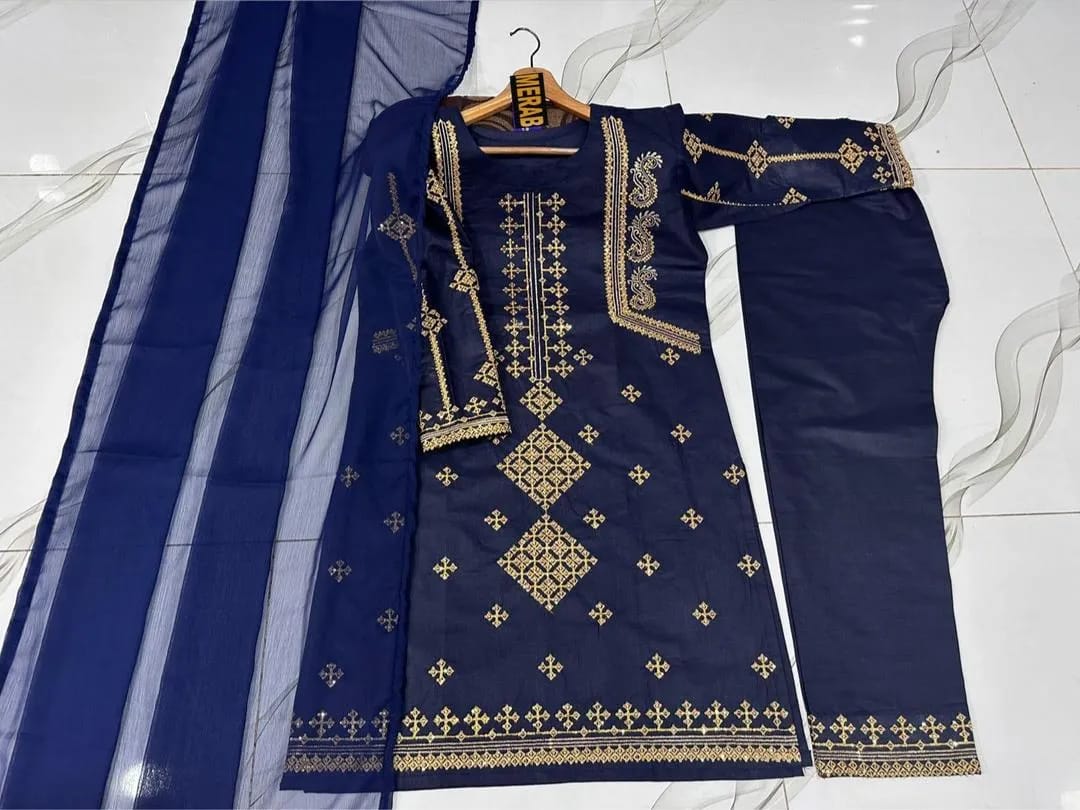 Azure Blue Sequins – Heavy Sequins Embroidered Bareeza Cotton 3-Piece Stitched Set