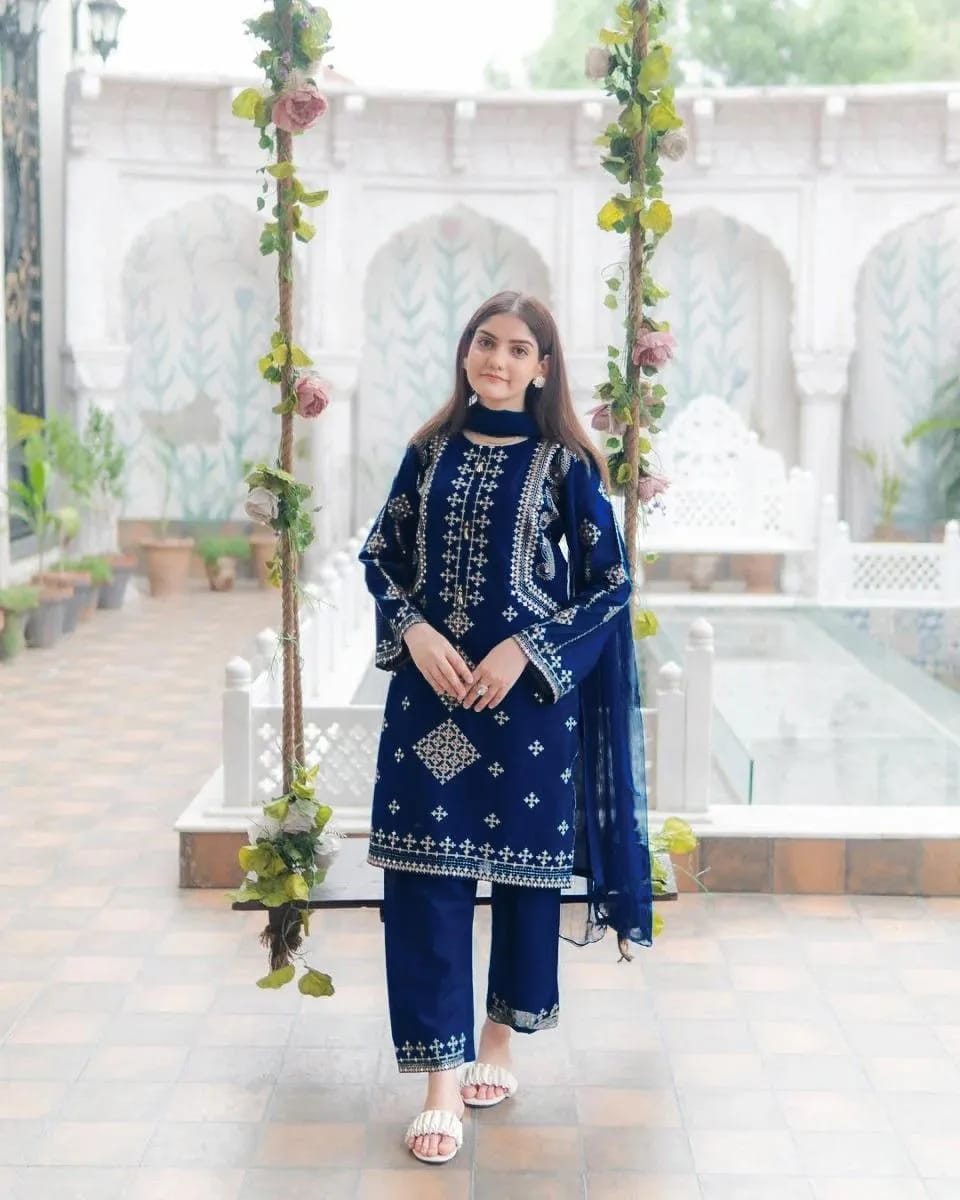 Azure Blue Sequins – Heavy Sequins Embroidered Bareeza Cotton 3-Piece Stitched Set