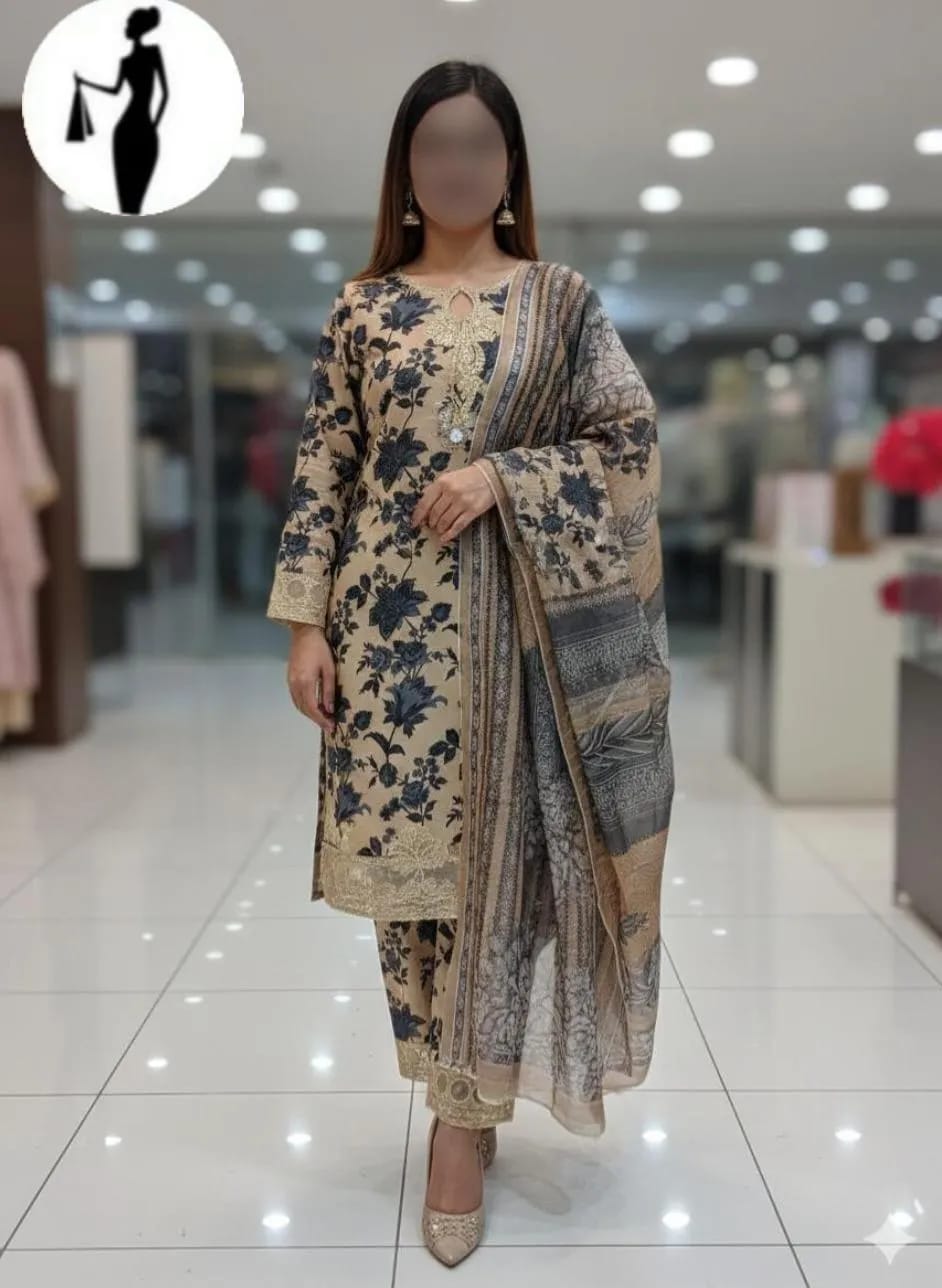 Beige Grace – Printed Crinkle Chiffon 3-Piece Stitched Set (Eid 2026 Edition)