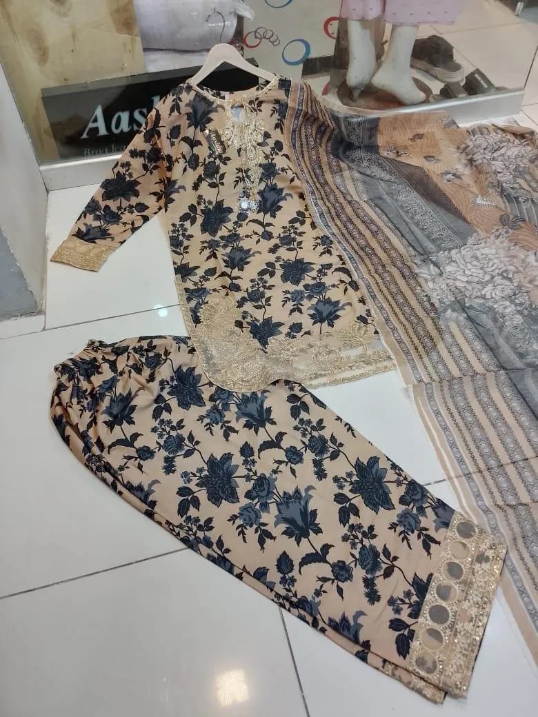 Beige Grace – Printed Crinkle Chiffon 3-Piece Stitched Set (Eid 2026 Edition)