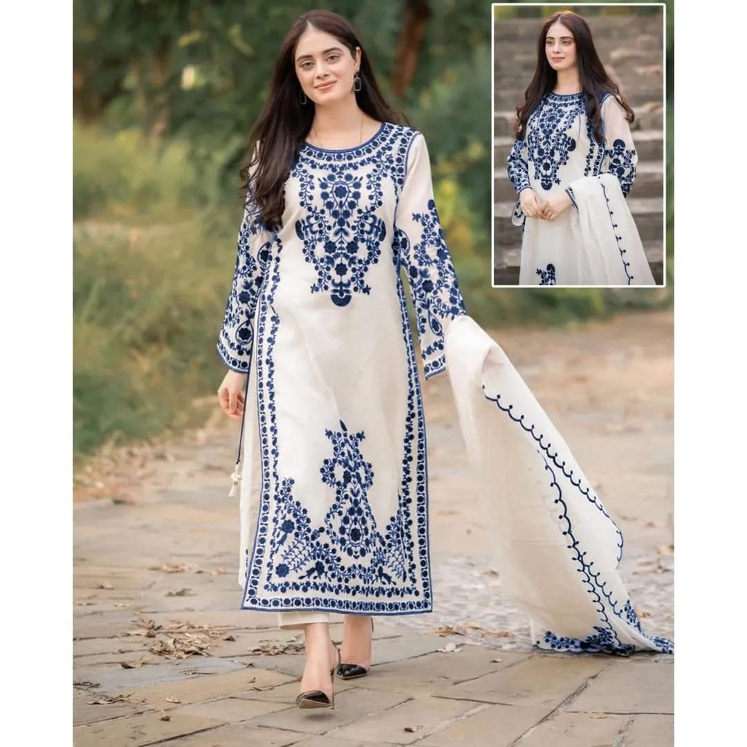 Sapphire Organza – Fully Embroidered Blue 3-Piece Stitched Set with Inner Attached