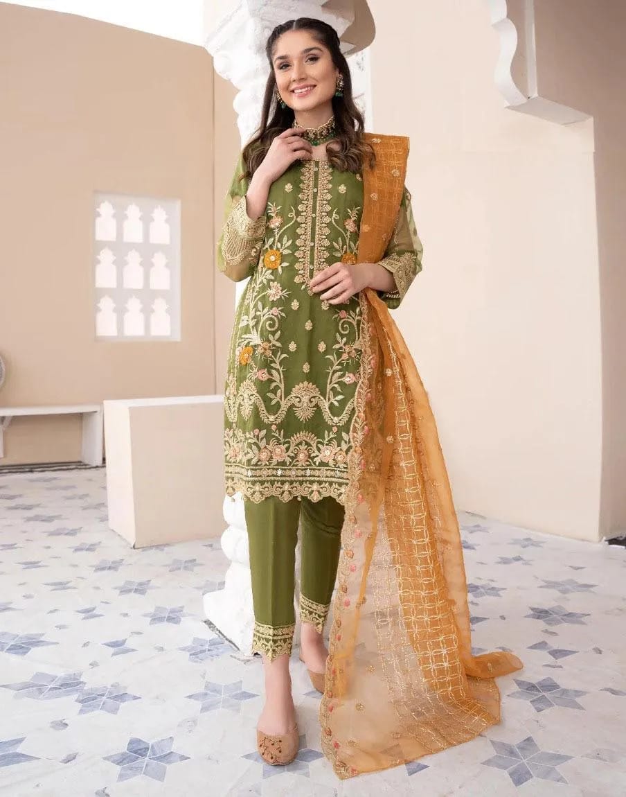 Emerald Allure – Fully Embroidered Green Organza 3-Piece Stitched Set