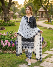 Ebony Fusion – Digital Printed Black Lawn Suit with Embroidered Trouser & Cut Work Dupatta