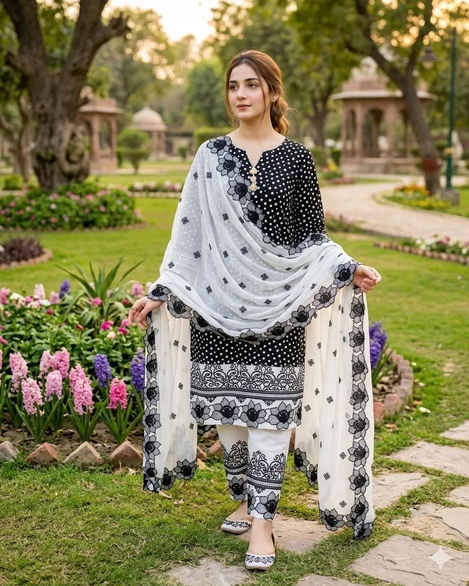 Ebony Fusion – Digital Printed Black Lawn Suit with Embroidered Trouser & Cut Work Dupatta