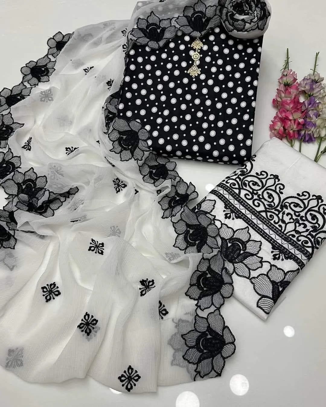 Ebony Fusion – Digital Printed Black Lawn Suit with Embroidered Trouser & Cut Work Dupatta