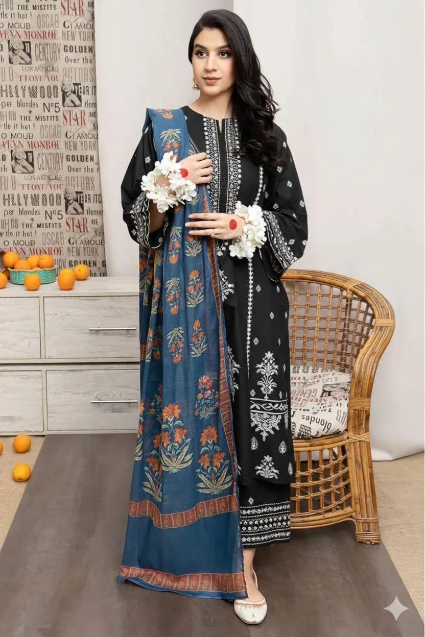Midnight Diamond – Embroidered Black Lawn Suit with Digital Printed Diamond Dupatta