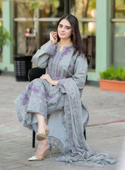 Mushq Grey Elegance – Embroidered Lawn Suit with Luxury Chikenkari Dupatta