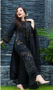 Ebony Radiance – Elegant Black Embroidered Chiffon 3-Piece UnStitched Suit