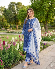Azure Fusion – Digital Printed Blue Lawn Suit with Embroidered Trouser & Cut Work Dupatta