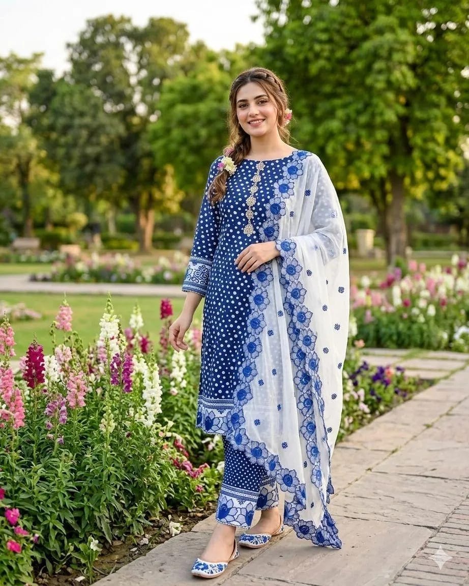 Azure Fusion – Digital Printed Blue Lawn Suit with Embroidered Trouser & Cut Work Dupatta