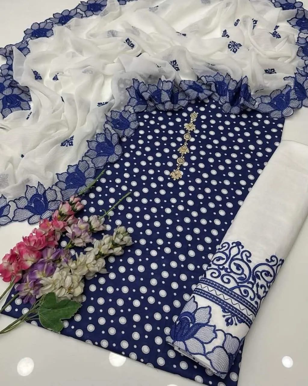 Azure Fusion – Digital Printed Blue Lawn Suit with Embroidered Trouser & Cut Work Dupatta