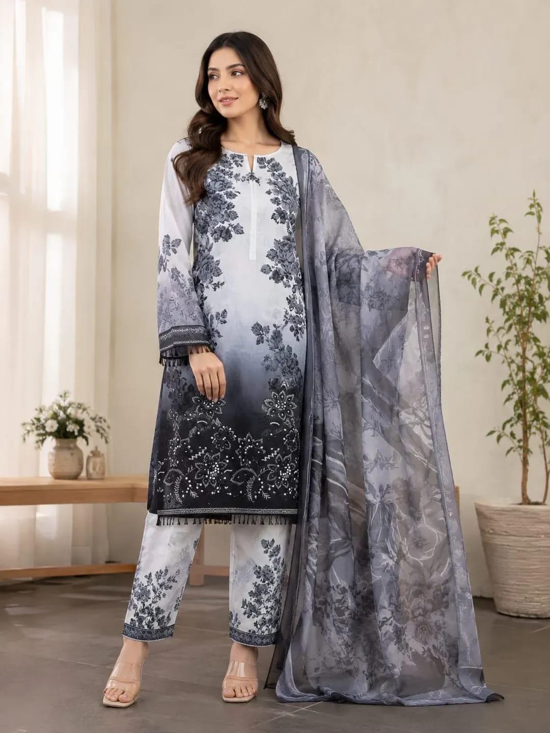 Midnight Bloom – Printed Black Lawn Suit with Embroidered Daman (3-Piece)