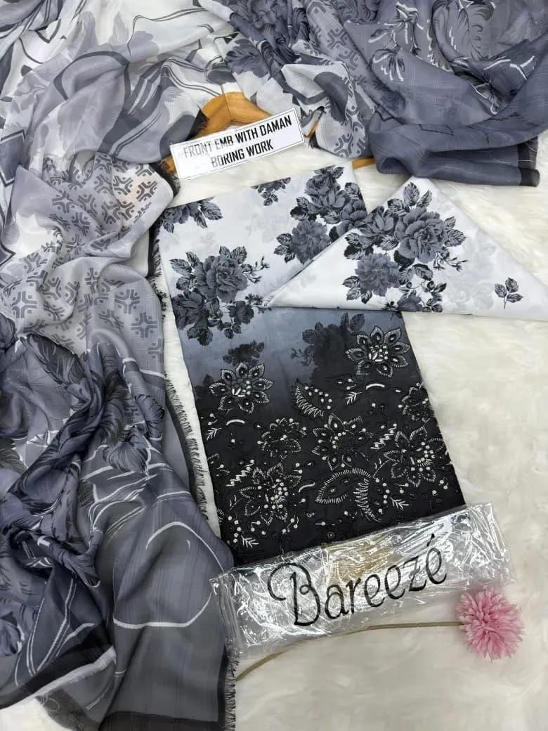 Midnight Bloom – Printed Black Lawn Suit with Embroidered Daman (3-Piece)