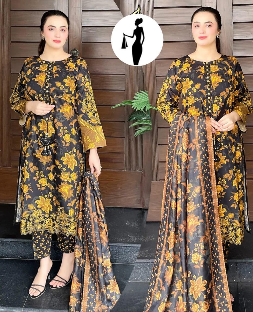 Mustard Bloom – 3-Piece Printed Swiss Lawn Set with Organza Dupatta