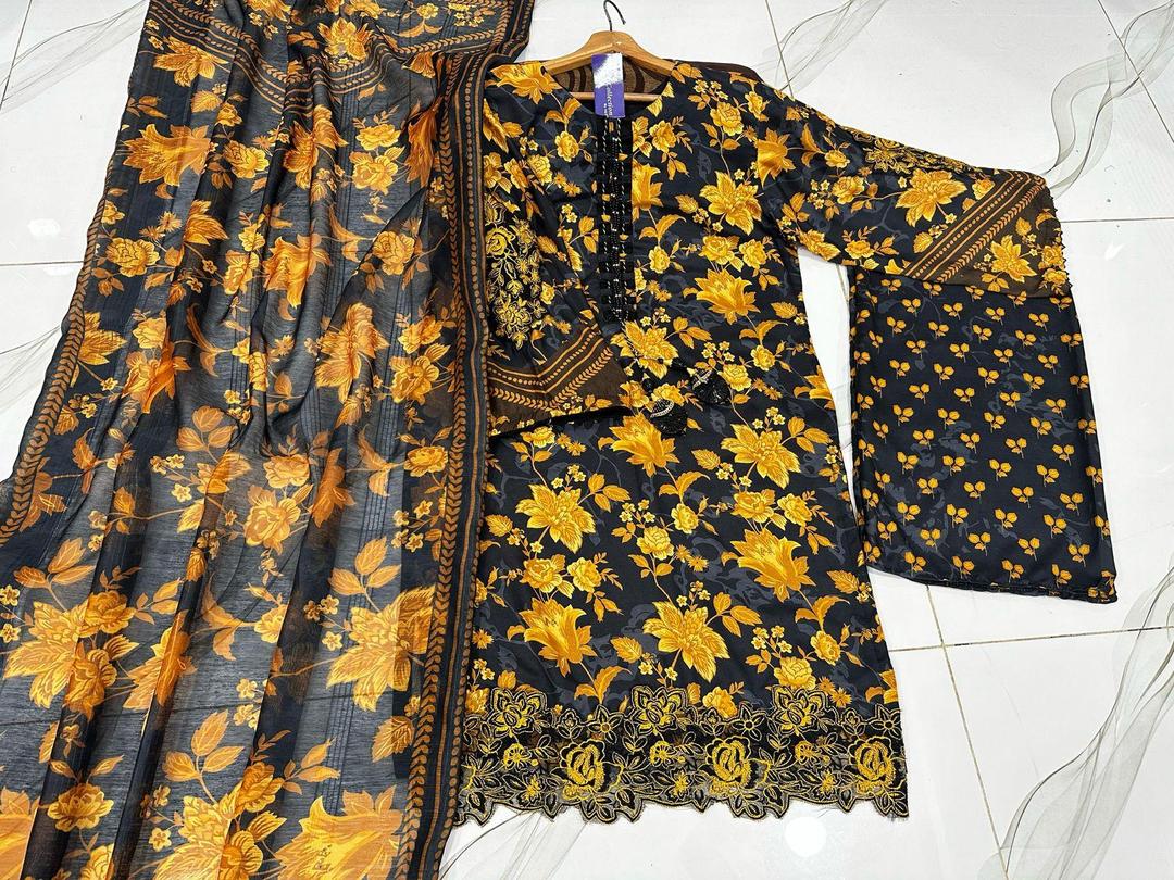 Mustard Bloom – 3-Piece Printed Swiss Lawn Set with Organza Dupatta