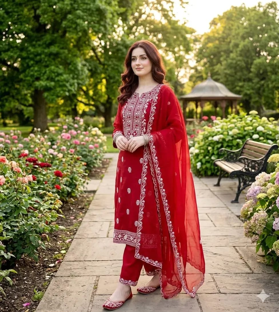 Crimson Heritage – Heavy Chikankari Embroidered Lawn Suit (3-Piece)