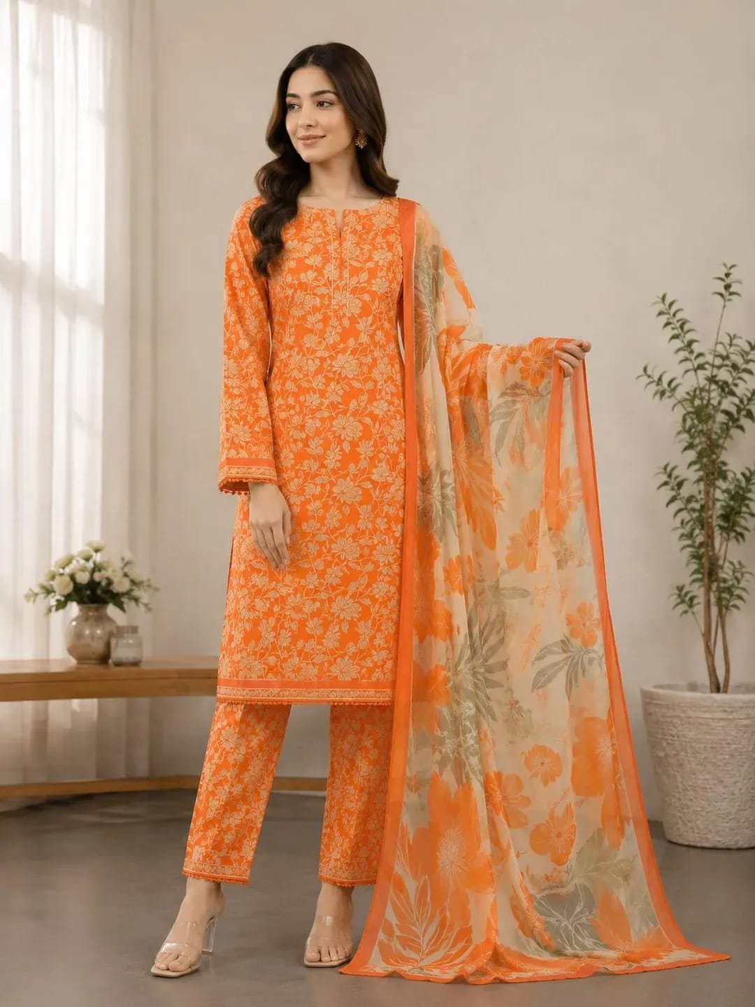 Orange Zest – Vibrant Printed Lawn 3-Piece Unstitched Suit
