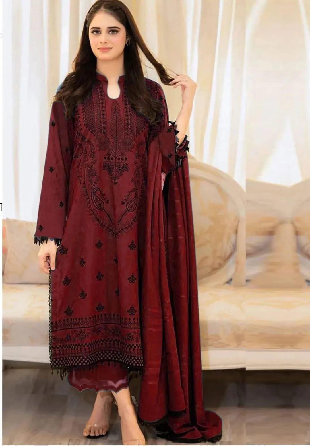 Maroon Majesty – Embroidered Lawn Suit with Digital Print Diamond Dupatta