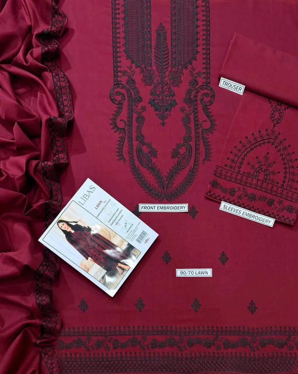 Maroon Majesty – Embroidered Lawn Suit with Digital Print Diamond Dupatta