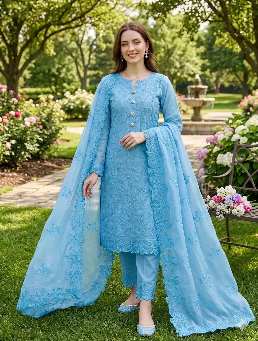 Indigo Chikankari – Blue Embroidered Lawn Suit with Chiffon Dupatta