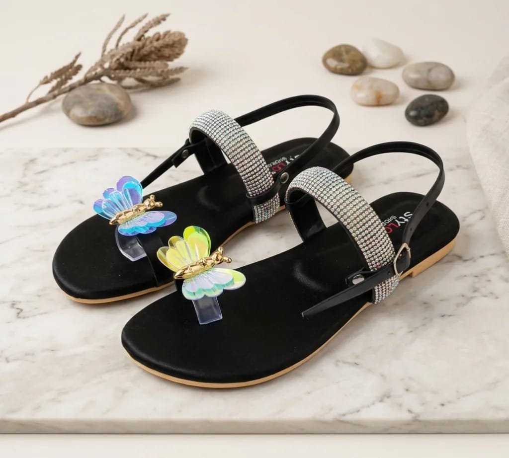 Elegant Black Rhinestone Synthetic Leather Flats For Women - Fancy & Formal Footwear