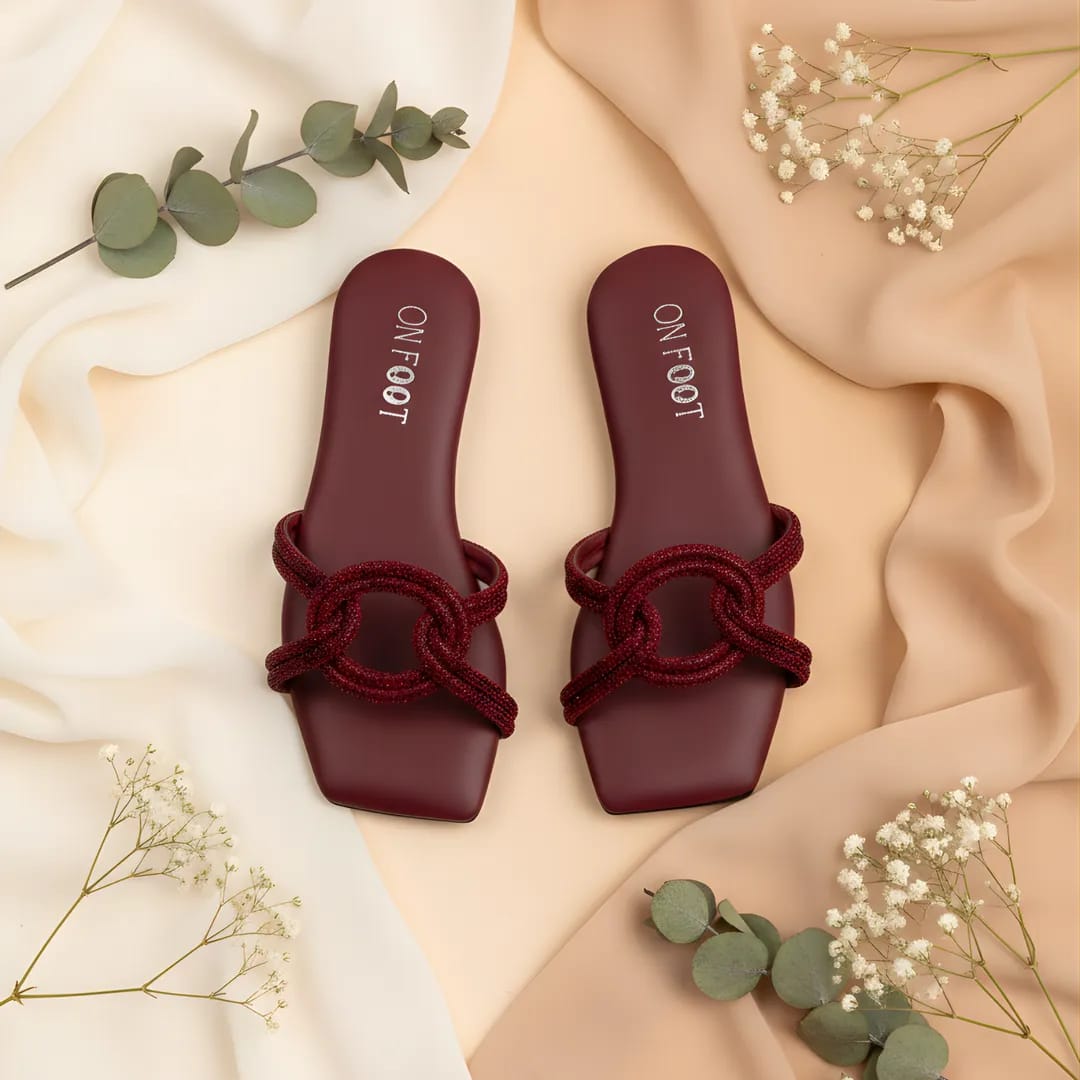 Grace Knot Maroon Gemstone Rexine Flats For Women - Fancy & Formal Footwear