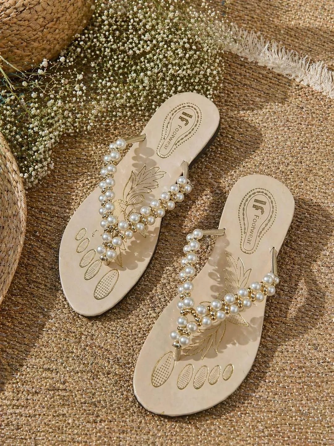 Elegant Pearl Beaded Cork Sole Flats For Women - Soft & Comfortable Beige Casual Chappal