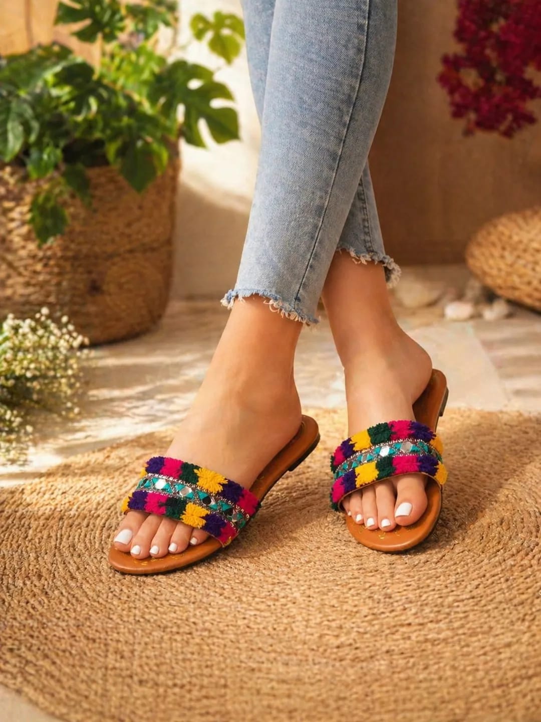 Stylish Textured Multicolor Cork Sole Flats For Women - Formal & Chic Footwear
