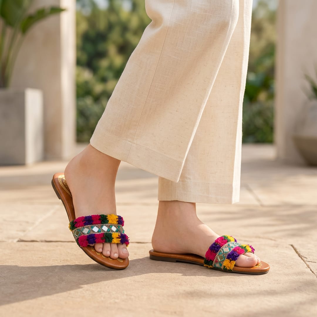 Stylish Textured Multicolor Cork Sole Flats For Women - Formal & Chic Footwear