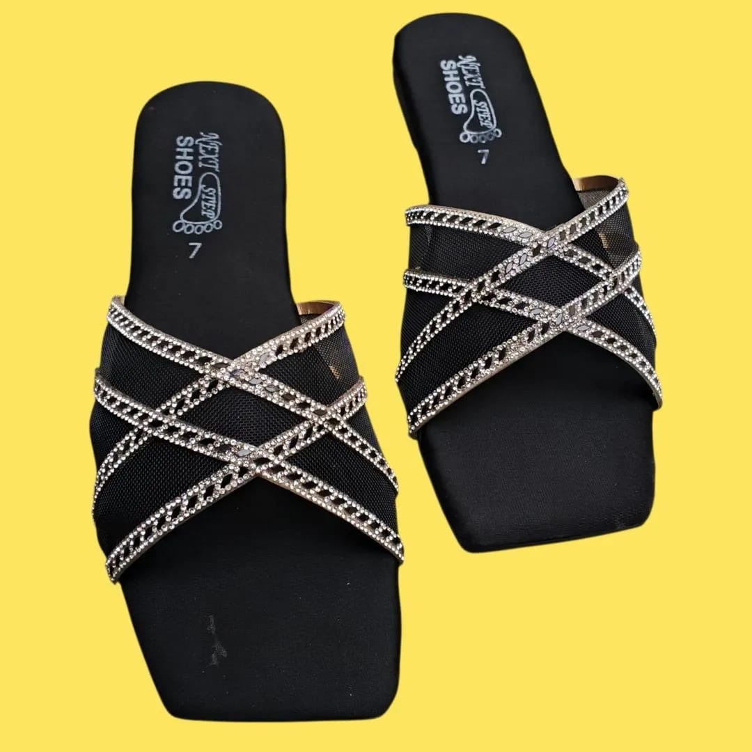 Trendy Black Satin Rhinestone Flip Flops For Women - Fancy & Semi-Formal Flats