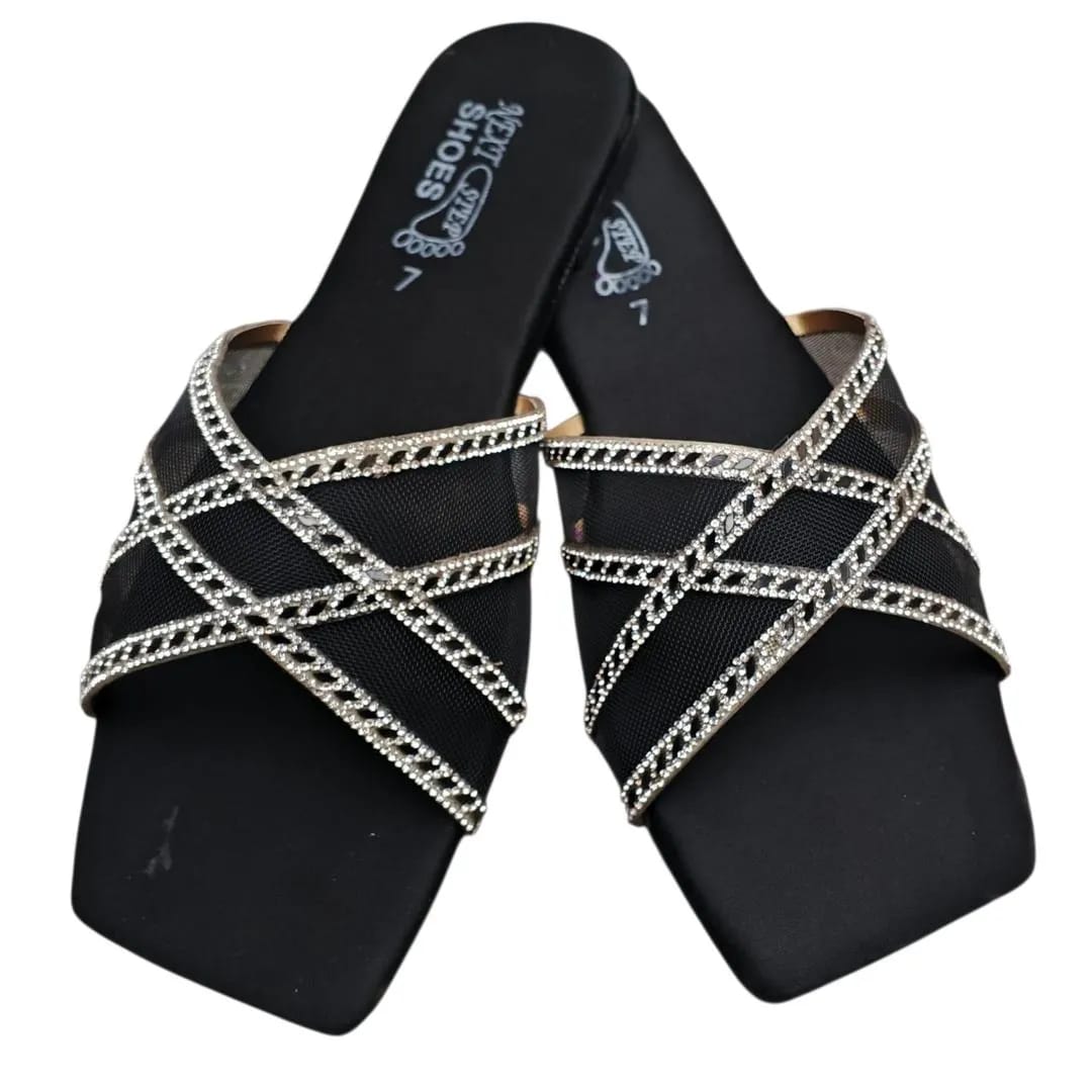 Trendy Black Satin Rhinestone Flip Flops For Women - Fancy & Semi-Formal Flats