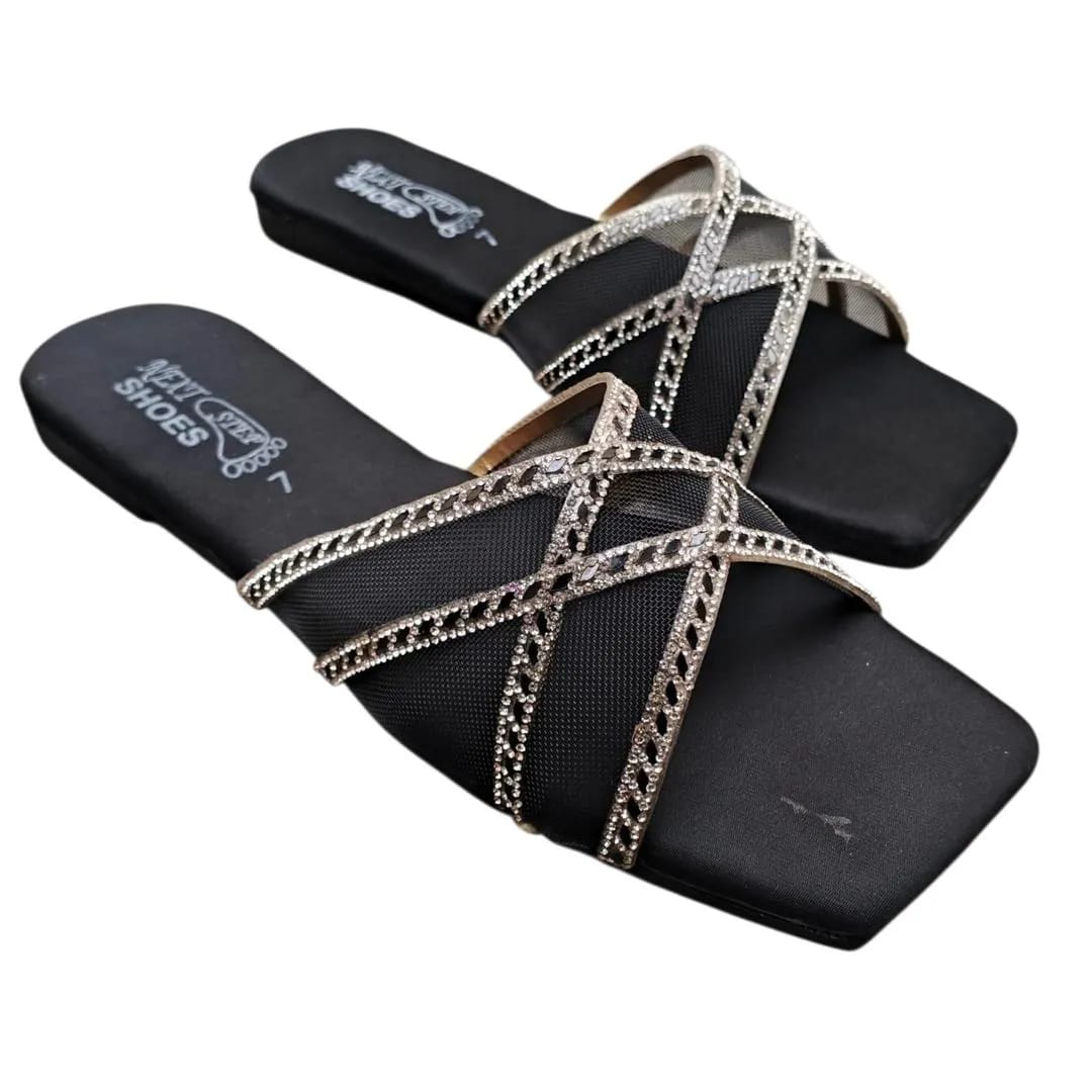 Trendy Black Satin Rhinestone Flip Flops For Women - Fancy & Semi-Formal Flats