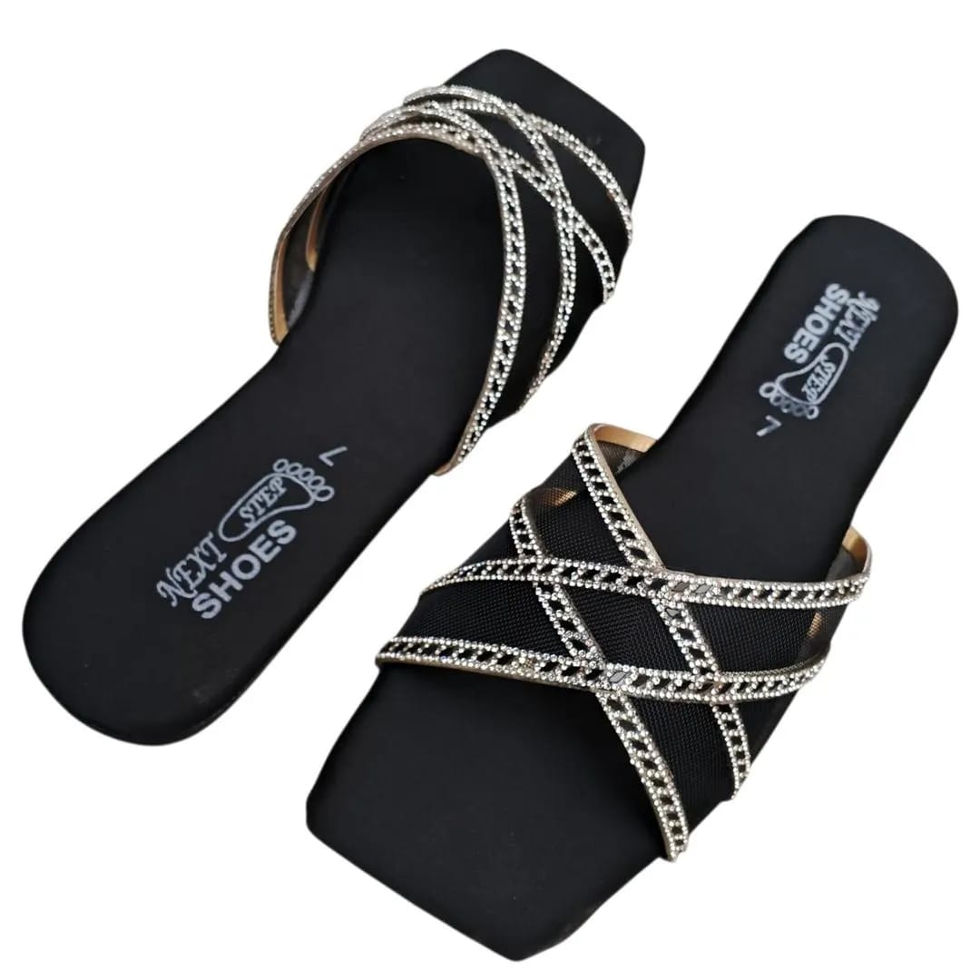 Trendy Black Satin Rhinestone Flip Flops For Women - Fancy & Semi-Formal Flats