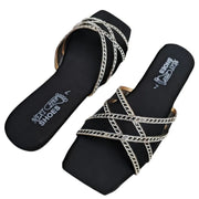 Trendy Black Satin Rhinestone Flip Flops For Women - Fancy & Semi-Formal Flats