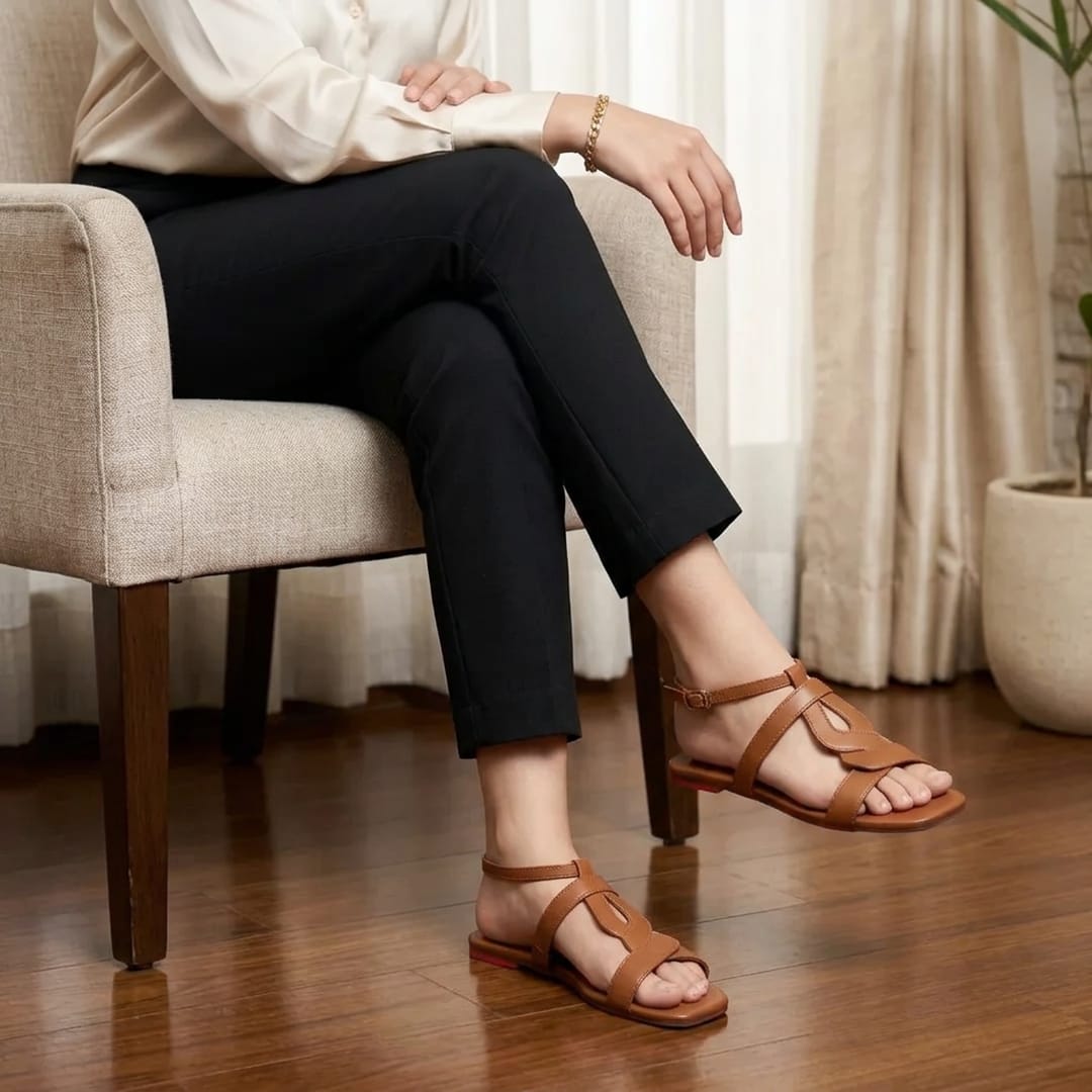 Noir Wave Mustard Ankle Strap Rexine Flats For Women - Casual & Semi-Formal Footwear