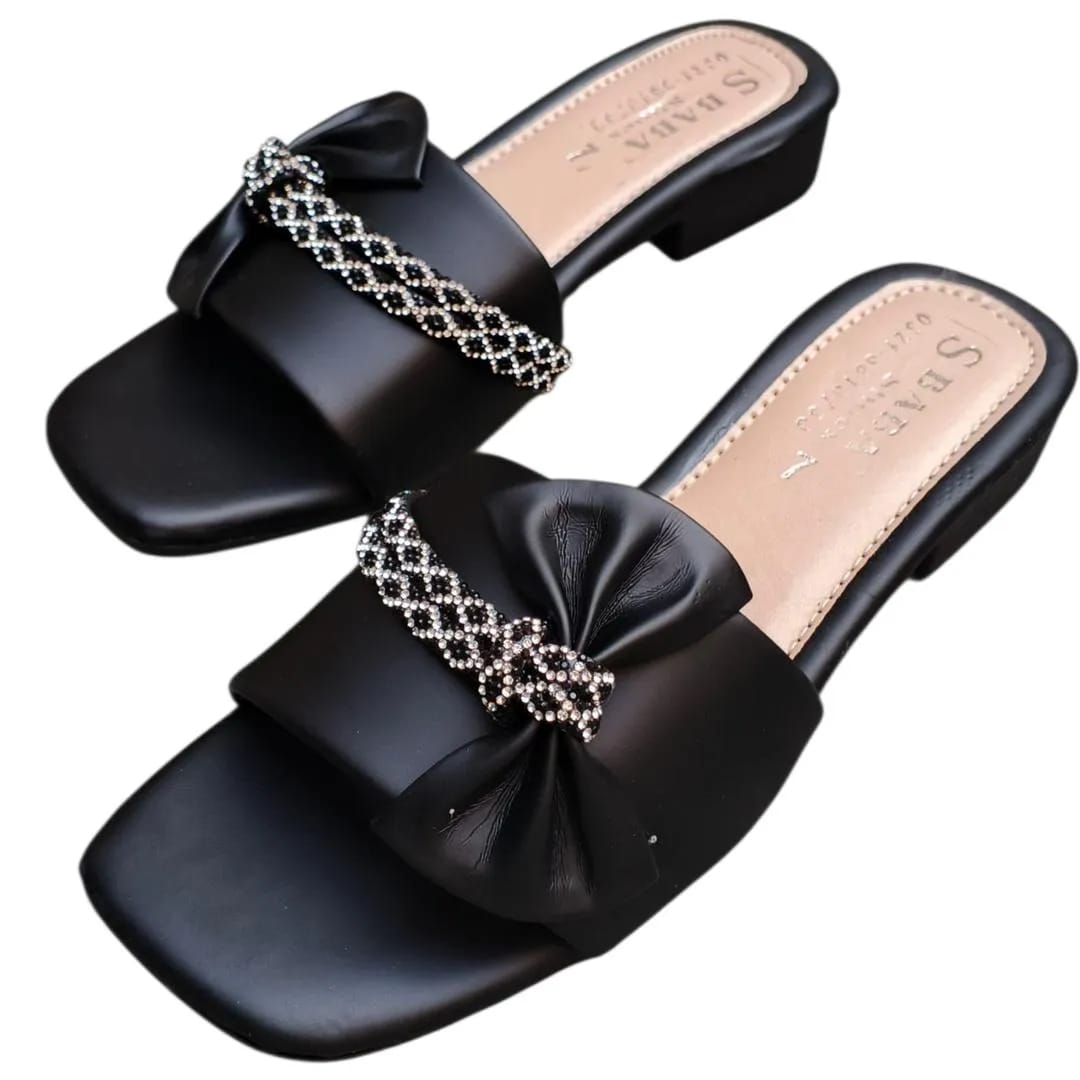 Stylish Black Rhinestone Synthetic Leather Flip Flops For Women - Fancy & Casual Flats