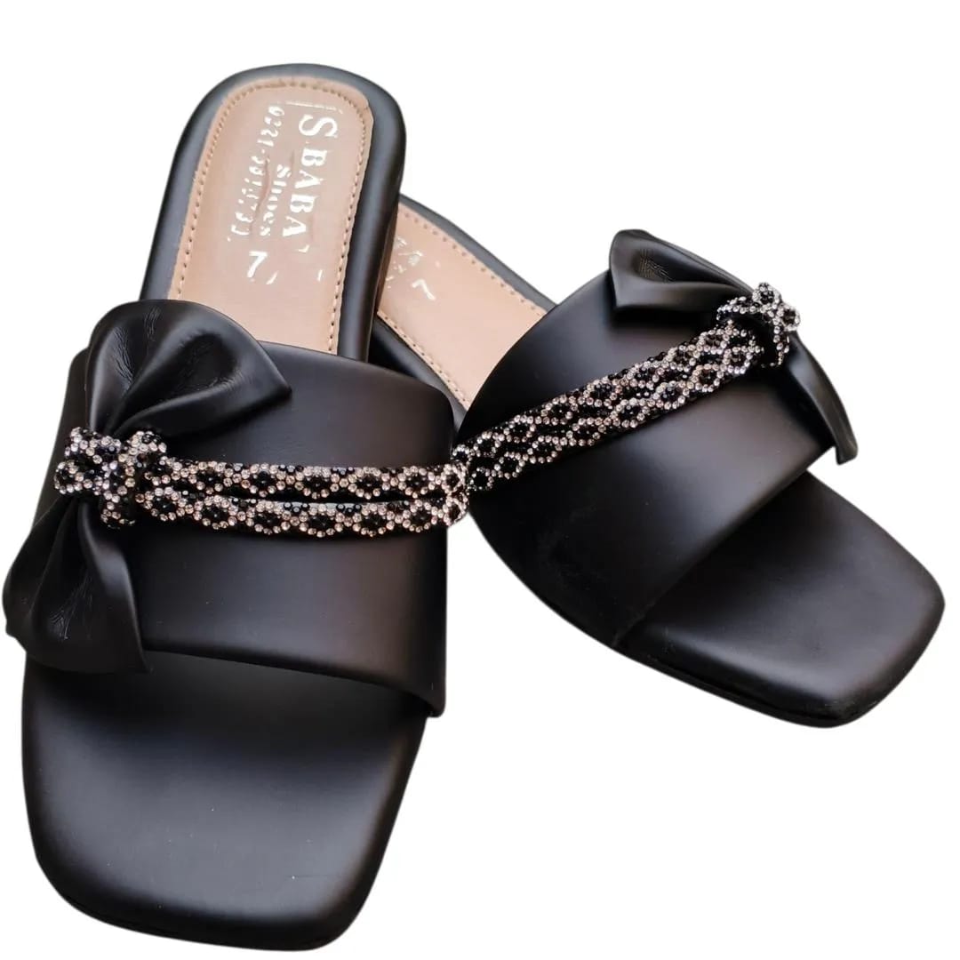 Stylish Black Rhinestone Synthetic Leather Flip Flops For Women - Fancy & Casual Flats