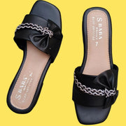Stylish Black Rhinestone Synthetic Leather Flip Flops For Women - Fancy & Casual Flats